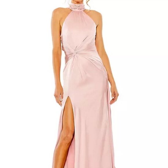 Ieena Mac Duggal Shell Pink Side Ruched Satin Halter Open Back Gown